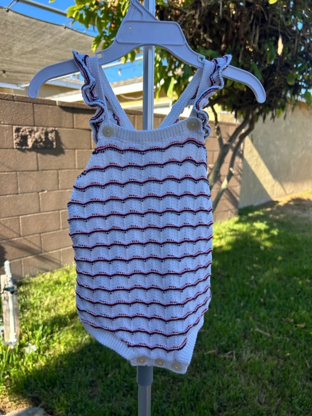 OshKosh B'gosh White Knit Ruffle Strap One-Piece with Red Stripes